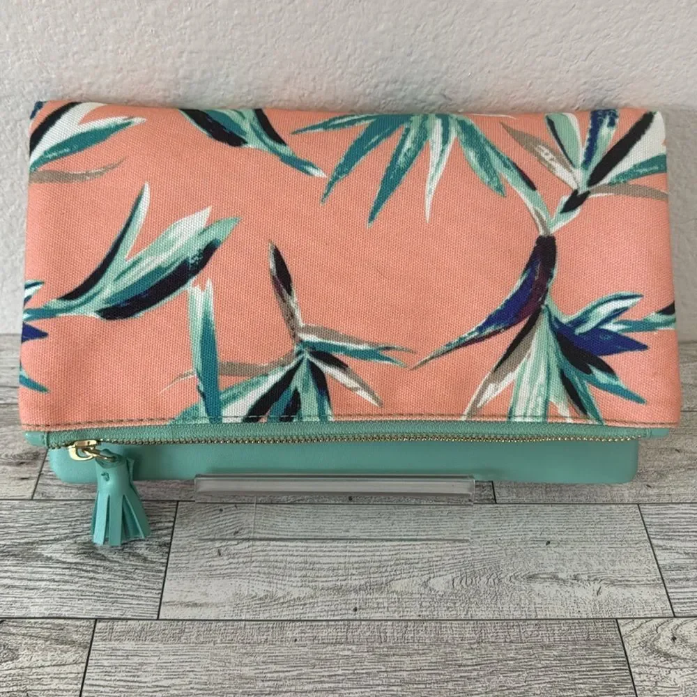 Rachel Palley Mint/Salmon Pink Tropical Fold over Clutch Pouch NWOT